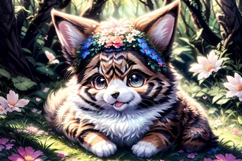 there is a cat with a flower crown on its head