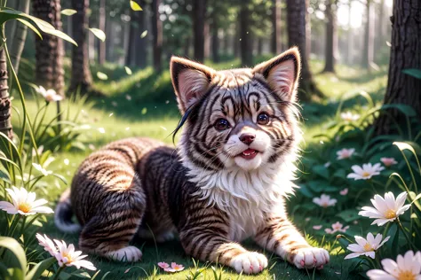 complex background, beautiful lighting, deep shadow, best quality, masterpiece, ultra highres, photorealistic, lots of small details, soft colors, volumetric lighting, scifi, contrast:0.5, 
solo:1.4,  (main_coon:1.2), (corgi:0.8), cute, animal, forest, grass, willow trees, flower petals, ultra fluffy, cutemaomao, 
<lora:add_detail:1> 
<lora:mangguo:0.2>
<lora:main_coon:1> 
<lora:RPGcat:0.5>  
<lora:galaxy_gods:0.5>