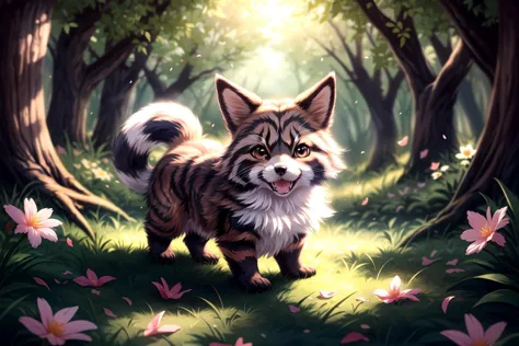 complex background, beautiful lighting, deep shadow, best quality, masterpiece, ultra highres, photorealistic, lots of small details, soft colors, volumetric lighting, scifi, contrast:0.5, 
solo:1.4,  (main_coon:1.2), (corgi:0.8), cute, animal, forest, grass, willow trees, flower petals, ultra fluffy, cutemaomao, 
<lora:add_detail:1> 
<lora:mangguo:0.2>
<lora:main_coon:1> 
<lora:RPGcat:0.5>