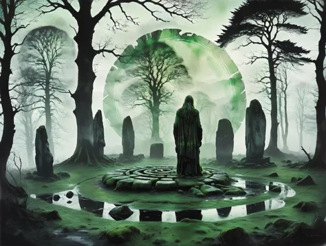 fluid ink painting, muted colours mostly green black and white, (Double exposure effect:1.5) a mysterious abandoned celtic stone circle with the hidden silhouette of a druid, foggy lush atmosphere, superimposed against dark irish landscape by Brandon Kidwell, Andreas Lie ,Dan Mountford, Dan Hillier ,Conrad Roset, Erik Johansson, ink canvas, fine art, dramatic light, photoillustration, amazing depth, hyperdetailed, dramatic misty scenery,impressing masterwork by head of prompt engineering  <lora:hyperkraximalism:0.2>