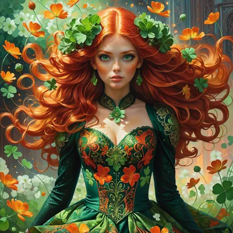 Karol Bak,Greg Rutkowski,James Gurney,artgerm,WLOP,Anna Dittmann,centered full body portrait of the beautiful young woman with burning red and orange hair wearing a hyperdetailed hyperintricate green living dress made of tiny flowers,brocade fabric,flying four-leaf clover in the background,perfect proportions,iridescent red and green complementary colors,polished,astral,intricate filigree motifs,dynamic prismatic light,whimsimcal,amazing depth,dynamic,freckles,accurate dreamy masterwork by head of prompt engineering <lora:add-detail-xl:1>, <lora:hyperkraximalism:0.25>