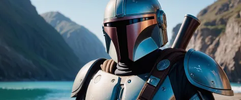 cinematic film still breathtaking Close up detailed view of a rococo styled exquisite detail view of Mandalorian armor, Star Wars, gleaming shining metal, battle damage, scratches, patina, paint flecks, subsurface scattering, ray tracing, standing on an al...