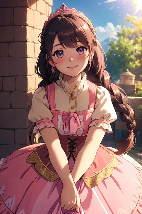 ultra detailed, sharp focus, best quality, masterpiece, yunica, braided ponytail, blush, pink frilly dress, puffy sleeves, short sleeves, (tiara), looking at the viewer, (from below:0.6), POV, smile, best quality, dynamic lighting, masterpiece, intricate details