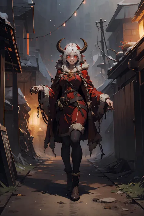 (masterpiece, best quality, highres, high resolution:1.2), extremely detailed, intricate details, 1girl, solo, looking at viewer,  <lora:krampus2023:0.7> krampus2023, evil grin, glowing eyes, horns, chains, red cloak, (cinematic lighting, bloom, volumetric),