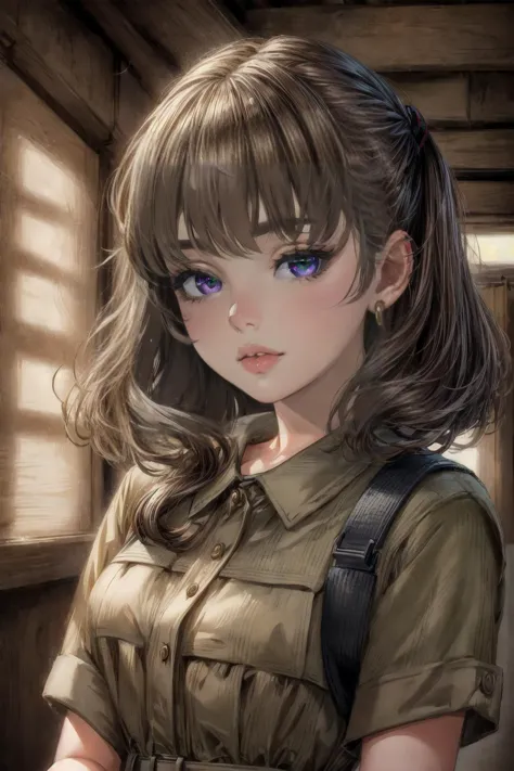 anime girl with long hair and blue eyes in a brown shirt