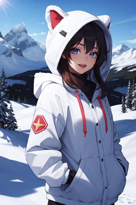 (masterpiece, best quality, absurdres, 4k, aesthetic, detailed, intricate, perfect lighting),1girl,upper body,snow,mountain,happ...