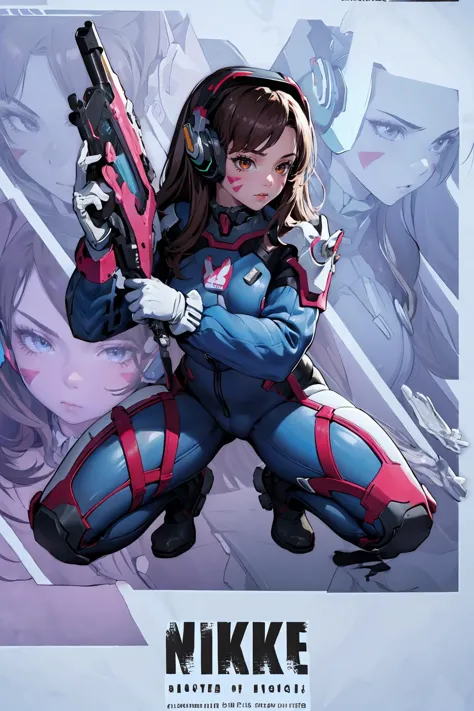 (masterpiece, best quality, highres, high resolution:1.2), extremely detailed, intricate details, 1girl, solo, looking at viewer,  <lora:NikkeProfile:1> IncrsNikkeProfile, full body, zoom layer, holding weapon, holding gun, one knee,  <lora:d.va_v1:0.8> aahana, long hair, brown hair, headphones, whisker markings, shoulder pads, blue bodysuit, ribbed bodysuit, animal print, clothes writing, long sleeves, white gloves, (cinematic lighting, bloom, volumetric),