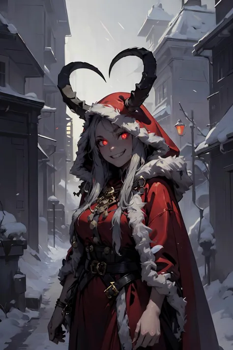 a woman in a red coat and horns stands in a snowy alley