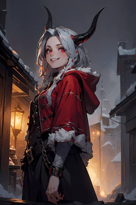 (masterpiece, best quality, highres, high resolution:1.2), extremely detailed, intricate details, 1girl, solo, looking at viewer,  krampus2023, evil grin, glowing eyes, horns, chains, red cloak, (cinematic lighting, bloom, volumetric),