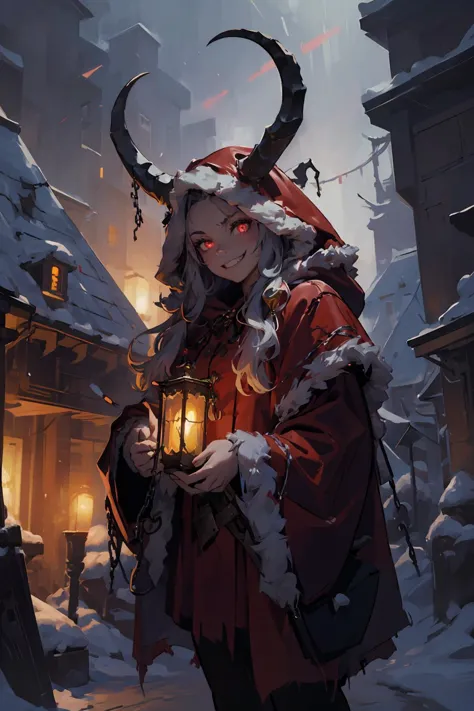 (masterpiece, best quality, highres, high resolution:1.2), extremely detailed, intricate details, 1girl, solo, looking at viewer,  <lora:krampus2023:0.7> krampus2023, evil grin, glowing eyes, horns, chains, red cloak, (cinematic lighting, bloom, volumetric),