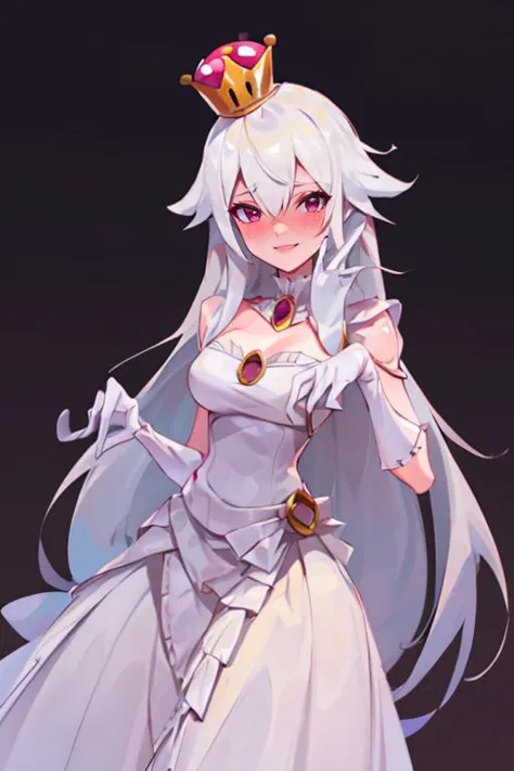 <lora:Iota:0.6>, , ((masterpiece,best quality)), absurdres, <lora:Boosette_Mario_Anime:0.9>, Boosette_Mario, 1girl, long hair, white hair, long white dress, ballroom dress, white gloves,  solo, smiling, blushing, looking at viewer, cowboy shot,