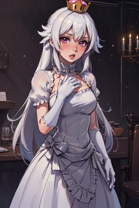 ((masterpiece,best quality)), absurdres,
<lora:Boosette_Mario_Anime:0.9>, Boosette_Mario, 1girl, long hair, white hair, long white dress, ballroom dress, white gloves, 
solo, :o, blushing, looking at viewer, cowboy shot, 
cinematic composition,