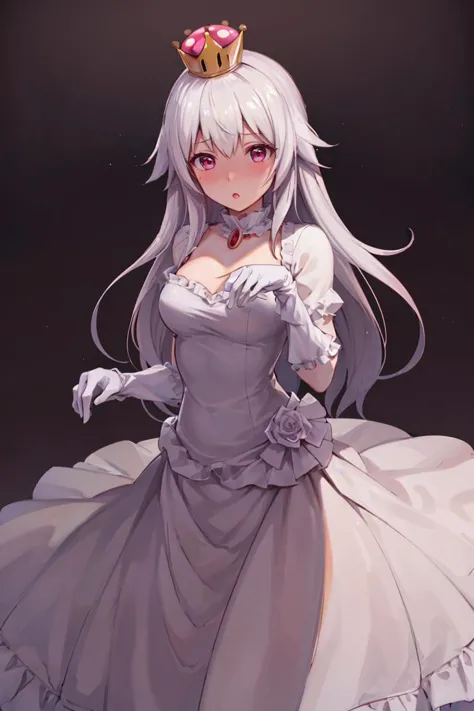 ((obra de arte,melhor qualidade)), absurdos,
Boosette_Mário, 1 garota, cabelo longo, cabelo branco, vestido branco longo, vestido de baile, luvas brancas, 
Sozinho, :o, rubor, Olhando para o visualizador, tiro de vaqueiro, 
composição cinematográfica,