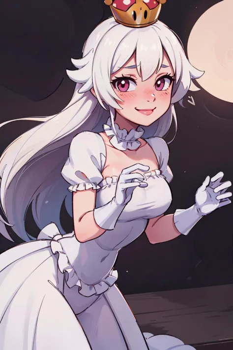 ((obra de arte,melhor qualidade)), absurdos,
Boosette_Mário, 1 garota, cabelo longo, cabelo branco, vestido branco longo, vestido de baile, luvas brancas, 
Sozinho, sorridente, rubor, Olhando para o visualizador, tiro de vaqueiro, 
composição cinematográfica,