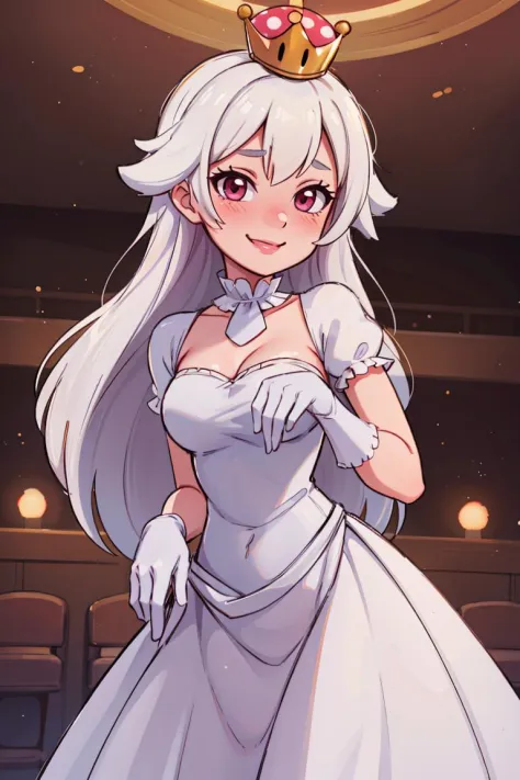 ((masterpiece,best quality)), absurdres,
<lora:Boosette_Mario_Anime:0.9>, Boosette_Mario, 1girl, long hair, white hair, long white dress, ballroom dress, white gloves, 
solo, smiling, blushing, looking at viewer, cowboy shot, 
cinematic composition,