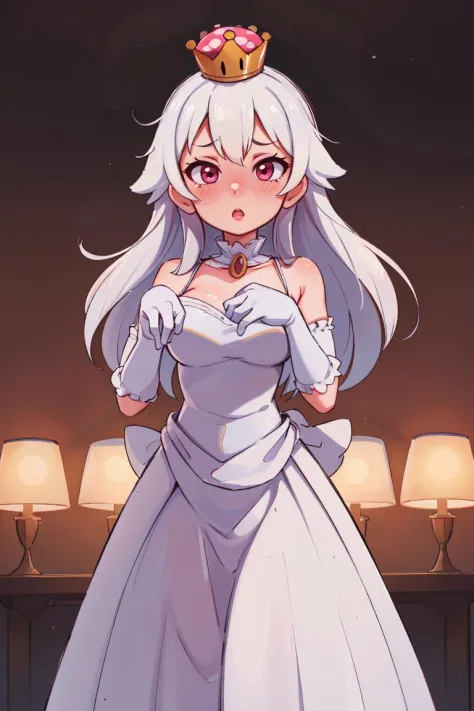 ((masterpiece,best quality)), absurdres,
<lora:Boosette_Mario_Anime:0.9>, Boosette_Mario, 1girl, long hair, white hair, long white dress, ballroom dress, white gloves, 
solo, :o, blushing, looking at viewer, cowboy shot, 
cinematic composition,