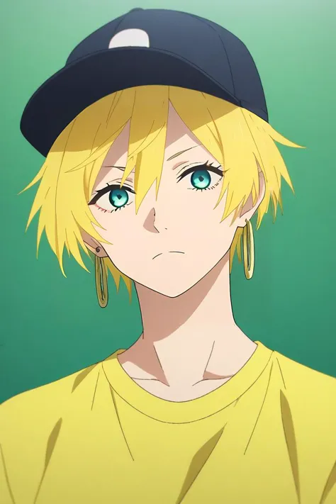 score_9, score_8_up, score_7_up, source_anime, rating_safe, intricate details, , , upper body, depth of field, 1girl, aqua eyes, baseball cap, blonde hair, closed mouth, earrings, green background, hat, hoop earrings, jewelry, looking at viewer, shirt, short hair, simple background, solo, upper body, yellow shirt, solo, Climate fiction, <lora:jigokuraku_style_pony:0.92>, jigokuraku_style, <lora:sdxl_lightning_8step_lora:1>