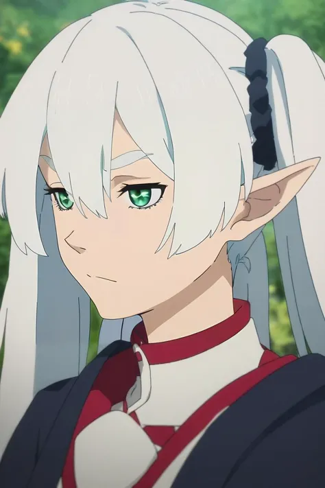 anime girl with white hair and green eyes in a field