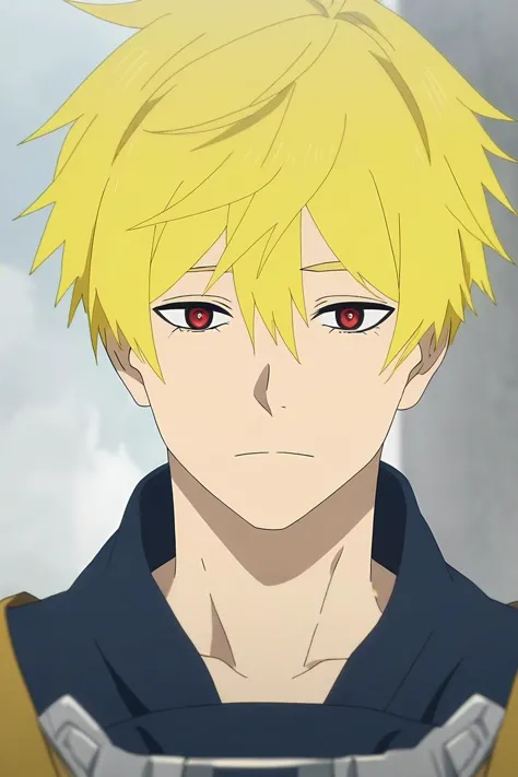 a close up of a person with blonde hair and red eyes