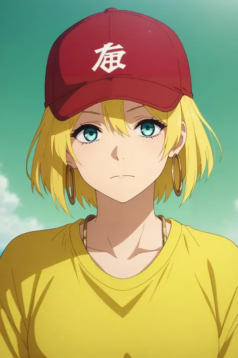 score_9, score_8_up, score_7_up, source_anime, rating_safe, intricate details, anime screencap, anime coloring, , looking at viewer, , depth of field, 1girl, aqua eyes, baseball cap, blonde hair, closed mouth, earrings, green background, hat, hoop earrings, jewelry, looking at viewer, shirt, short hair, simple background, solo, upper body, yellow shirt, solo, beach, <lora:jigokuraku_style_pony:0.96>, jigokuraku_style, , <lora:sdxl_lightning_8step_lora:1>