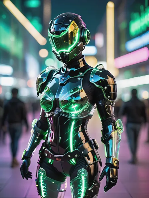 a close up of a person in a futuristic suit on a city street