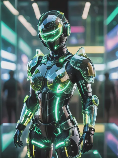 a close up of a robot in a futuristic suit with glowing lights