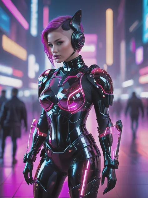 a woman in a futuristic suit with headphones and a cat ear