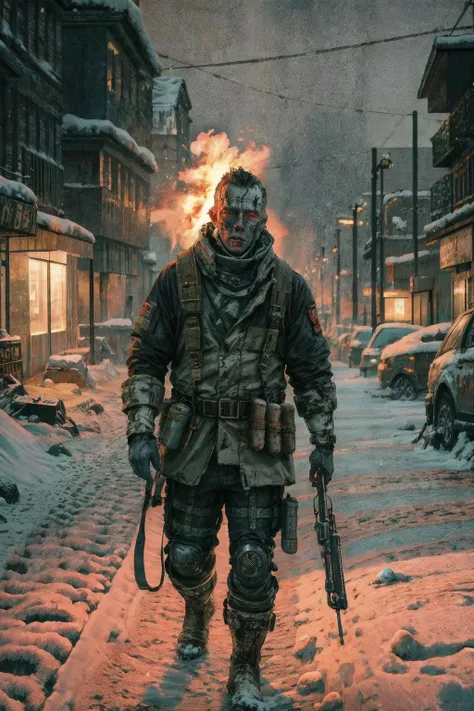 a man in a gas mask and gas mask holding a gun in a snowy street