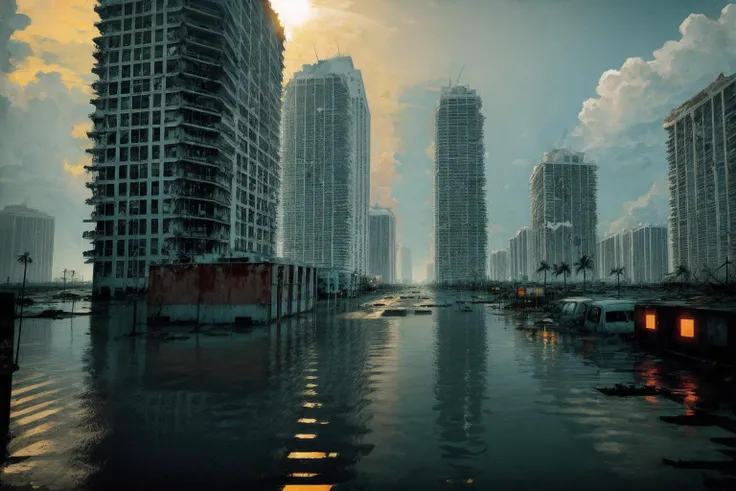 buildings are reflected in the water of a river in a city