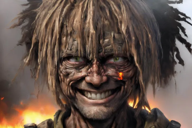 a close up of a man with dreads and a fire in the background