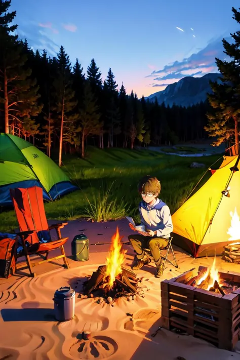 there is a man sitting next to a campfire in the sand