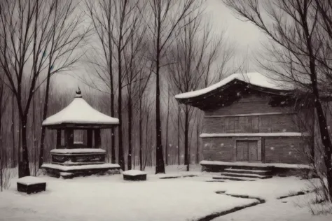 DMD,scene,scenery,snow,tree,outdoors,architecture,east asian architecture,stone lantern,stairs,bare tree,lantern,snowing,statue,...