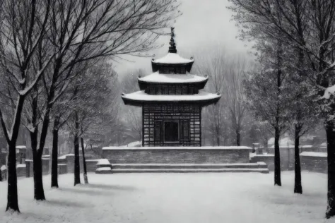 DMD,scene,scenery,snow,tree,outdoors,architecture,east asian architecture,stone lantern,stairs,bare tree,lantern,snowing,statue,...