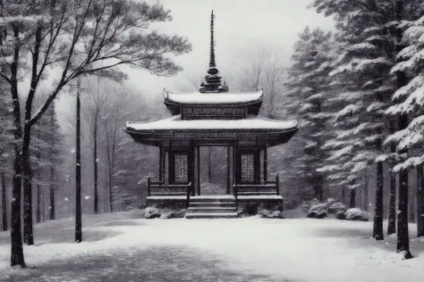 DMD,scene,scenery,snow,tree,outdoors,architecture,east asian architecture,stone lantern,stairs,bare tree,lantern,snowing,statue,...