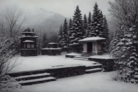 DMD,scene,scenery,snow,tree,outdoors,architecture,east asian architecture,stone lantern,stairs,bare tree,lantern,snowing,statue,...