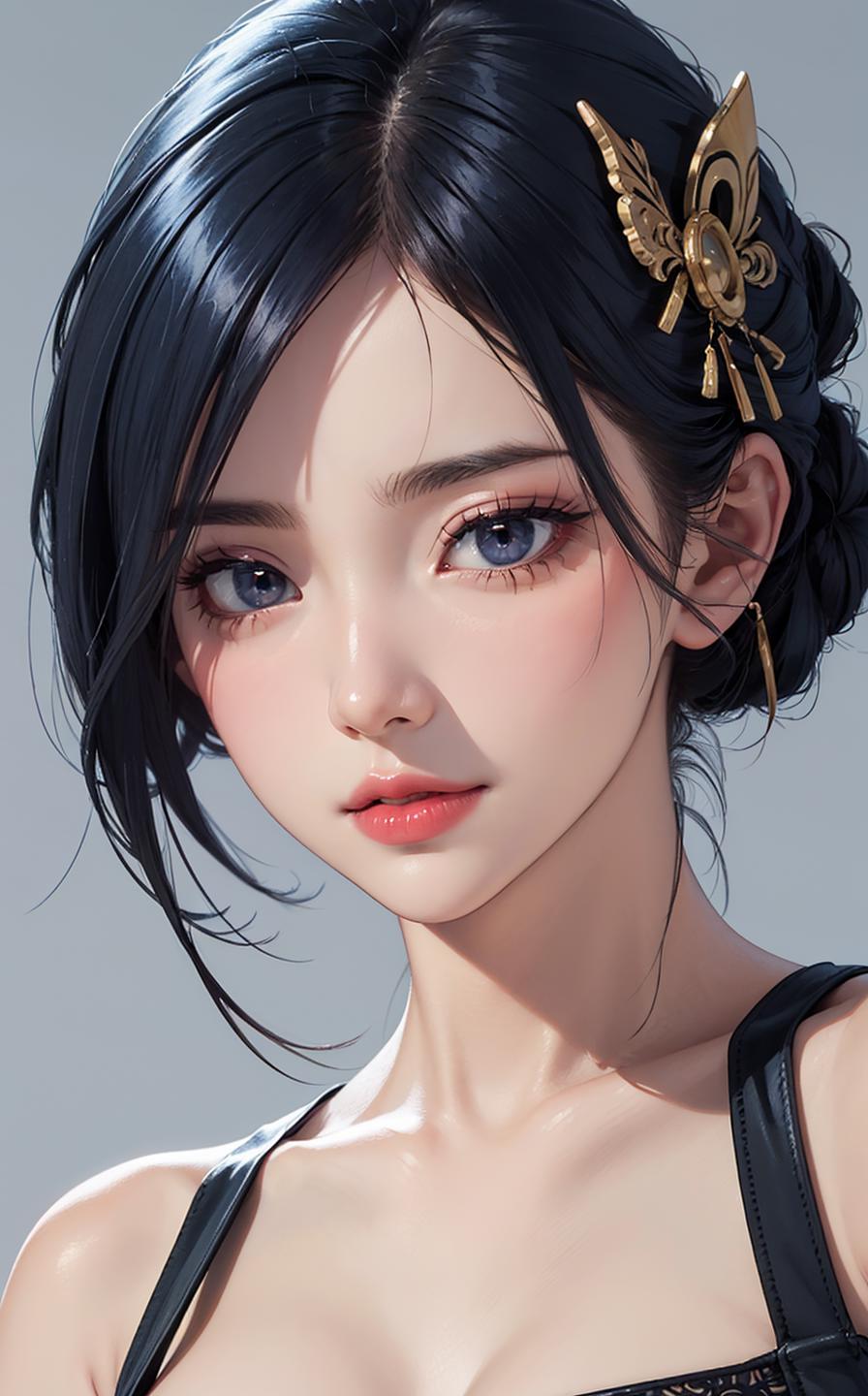 A woman with black hair and a gold hair clip - SeaArt AI