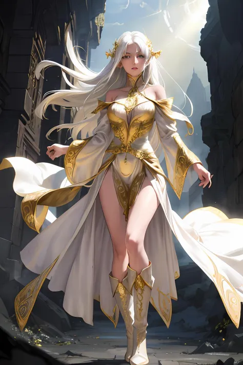an experienced fey sorceress, high-necked long flowing cloth-of-gold dress, white boots. emerging from dense fog. highly detaile...
