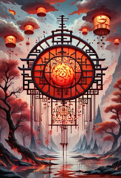 a painting of a clock with lanterns hanging over it