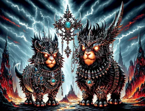 two cats with large horns and large horns standing in front of a mountain