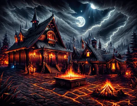 a dark and scary house with a fire pit in front of it