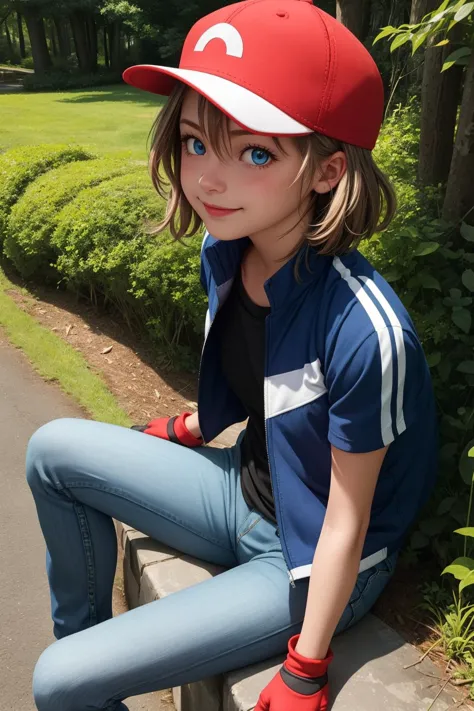 pkmnserena, 1fille, seulement, yeux bleus, cheveux blond, Cheveux courts, frange, cheveux entre les yeux, Casquette de baseball, couvre-chef rouge,
manteau bleu, veste de survêtement, col sauté, chemise noire, manches courtes, pantalon gris, jeans, jean, gants noirs, Gants sans doigts,
sourire,bouche fermée,tir de cow-boy,Séance,
forêt,Extérieur,
(Incroyablement détaillé, beau visage détaillé, chef-d&#39;œuvre, Meilleure qualité) Éclairage cinématographique,