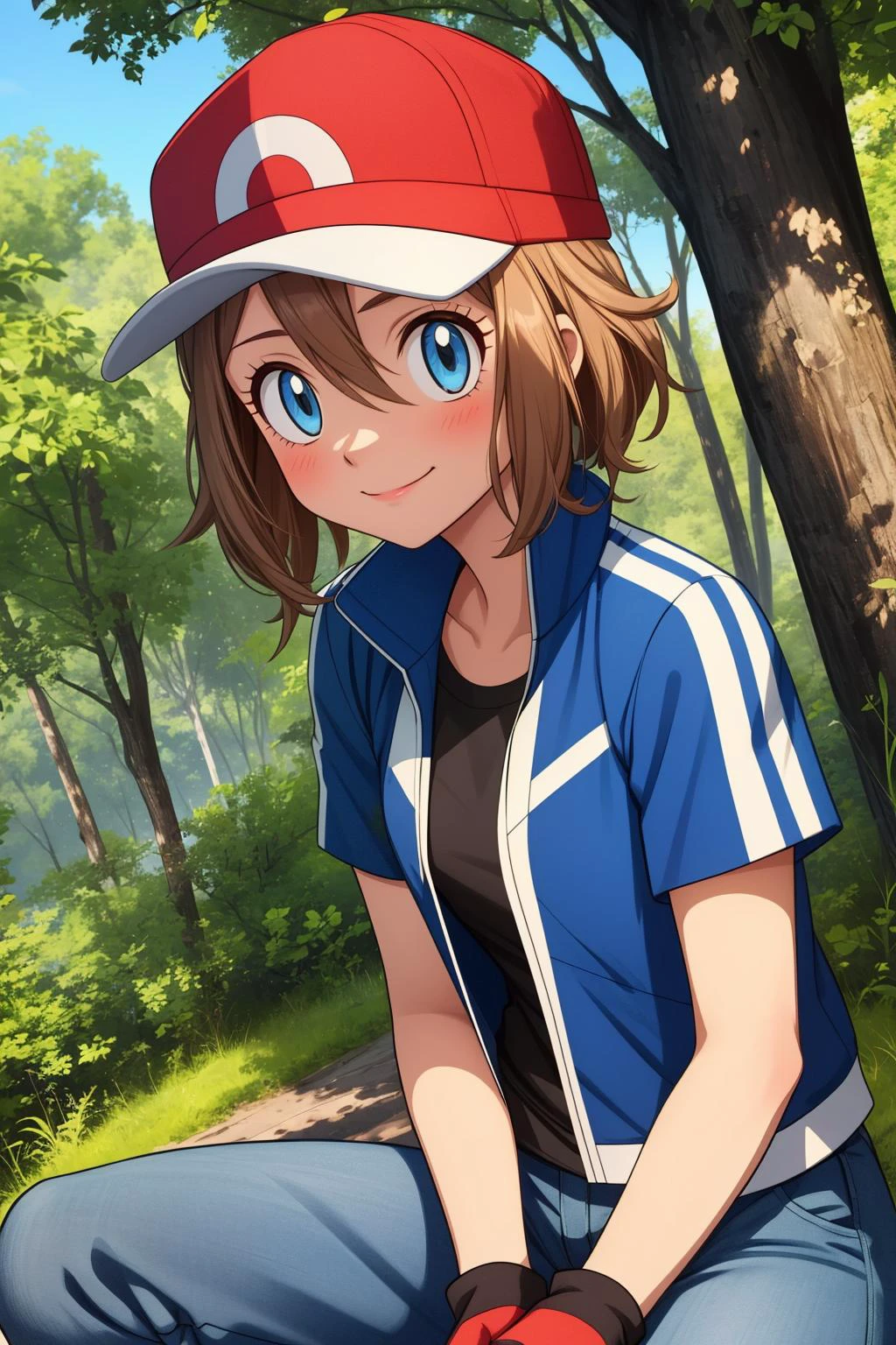 pkmnserena, 1fille, seulement, yeux bleus, cheveux blond, cheveux courts, frange, cheveux entre les yeux, casquette de baseball, couvre-chef rouge,
manteau bleu, veste de survêtement, col sauté, chemise noire, manches courtes, pantalon gris, jeans, jean, gants noirs, gants sans doigts,
sourire,bouche fermée,tir de cow-boy,séance,
forêt,Extérieur,
(incroyablement détaillé, beau visage détaillé, chef-d&#39;œuvre, meilleure qualité) éclairage cinématographique,