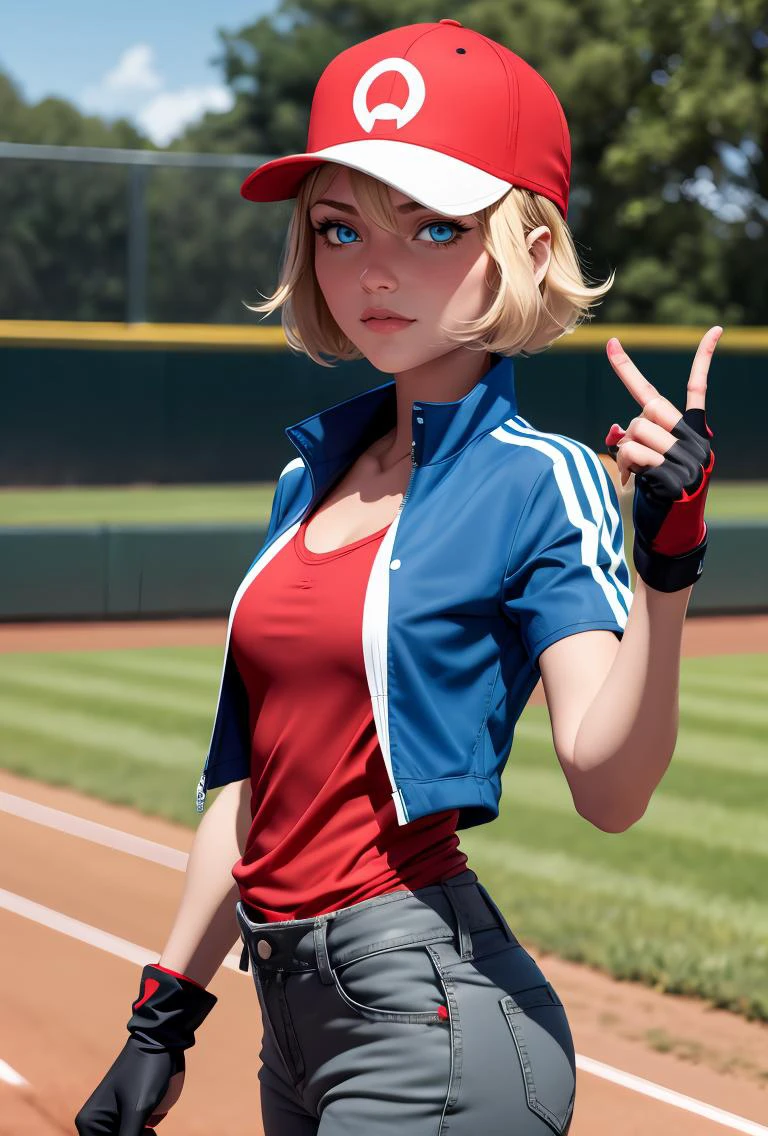 (masterpiece, best quality), 1girl,    pkmnserena, 1girl, solo, blue eyes, blonde hair, short hair, bangs, hair between eyes, baseball cap, red headwear,, blue jacket, track jacket, popped collar, black shirt, short sleeves, grey pants, jeans, denim, black gloves, fingerless gloves,