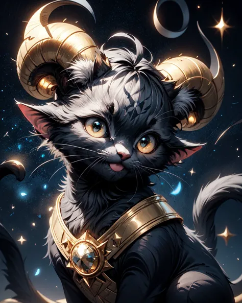 masterpiece, best quality, extremely detailed, fantasy, kitten, (cute:1.1), black cat, golden eyes, (happy:1.3), (vertical pupils:1.1), cat with horns, (horns:1.4), golden horns, no humans, cinematic lighting, cosmic background, starry sky, <lora:furry_SD15:0.8>, furrydskstyle, <lora:add_detail:0.8>