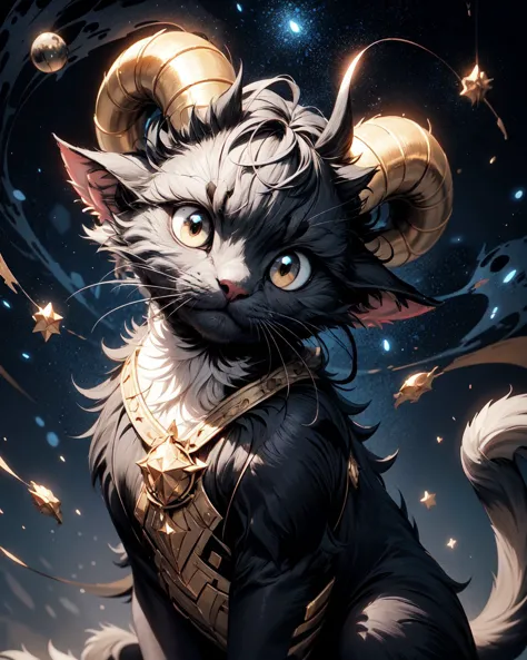 a close up of a cat with horns and a star in the background