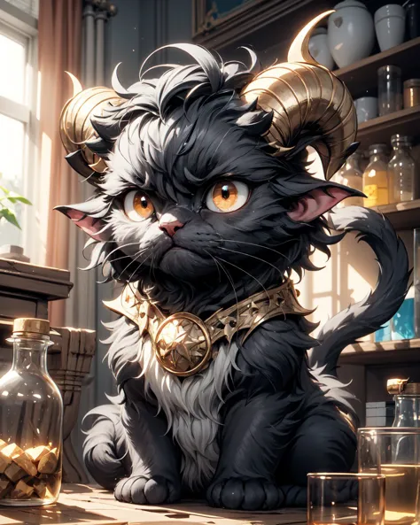 masterpiece, best quality, extremely detailed, fantasy, kitten, (cute:1.1), black cat, golden eyes, (grumpy:1.3), (vertical pupils:1.1), cat with horns, (horns:1.4), golden horns, no humans, cinematic lighting, room background, laboratory, <lora:furry_SD15:0.8>, furrydskstyle, <lora:add_detail:0.8>