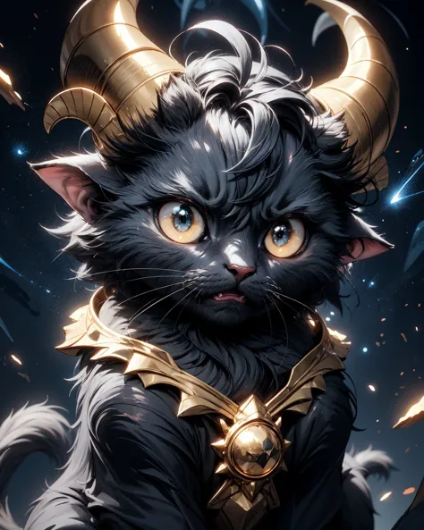 masterpiece, best quality, extremely detailed, fantasy, kitten, (cute:1.1), black cat, golden eyes, (angry:1.3), (vertical pupils:1.1), cat with horns, (horns:1.4), golden horns, no humans, cinematic lighting, cosmic background, starry sky, <lora:furry_SD15:0.8>, furrydskstyle, <lora:add_detail:0.8>