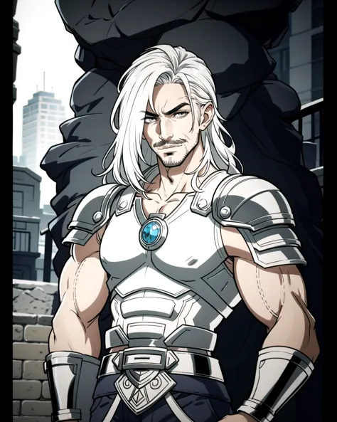 a cartoon picture of a man with white hair and a sword