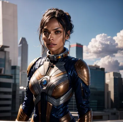 professional photo of Rosario Dawson), sks woman, space costume, detailed skin, detailed eyes, finely detailed hair, volumetric ...