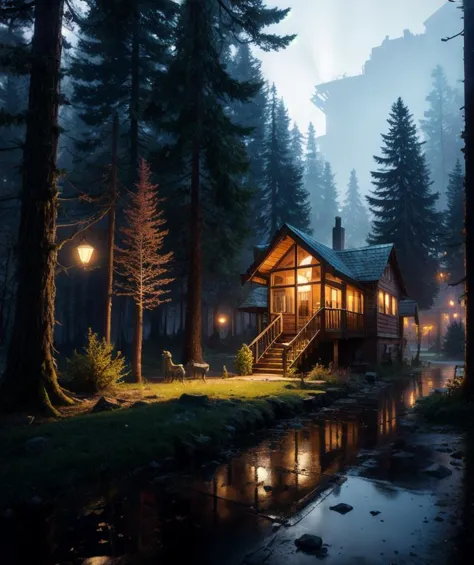 a close up of a cabin in the woods with a stream